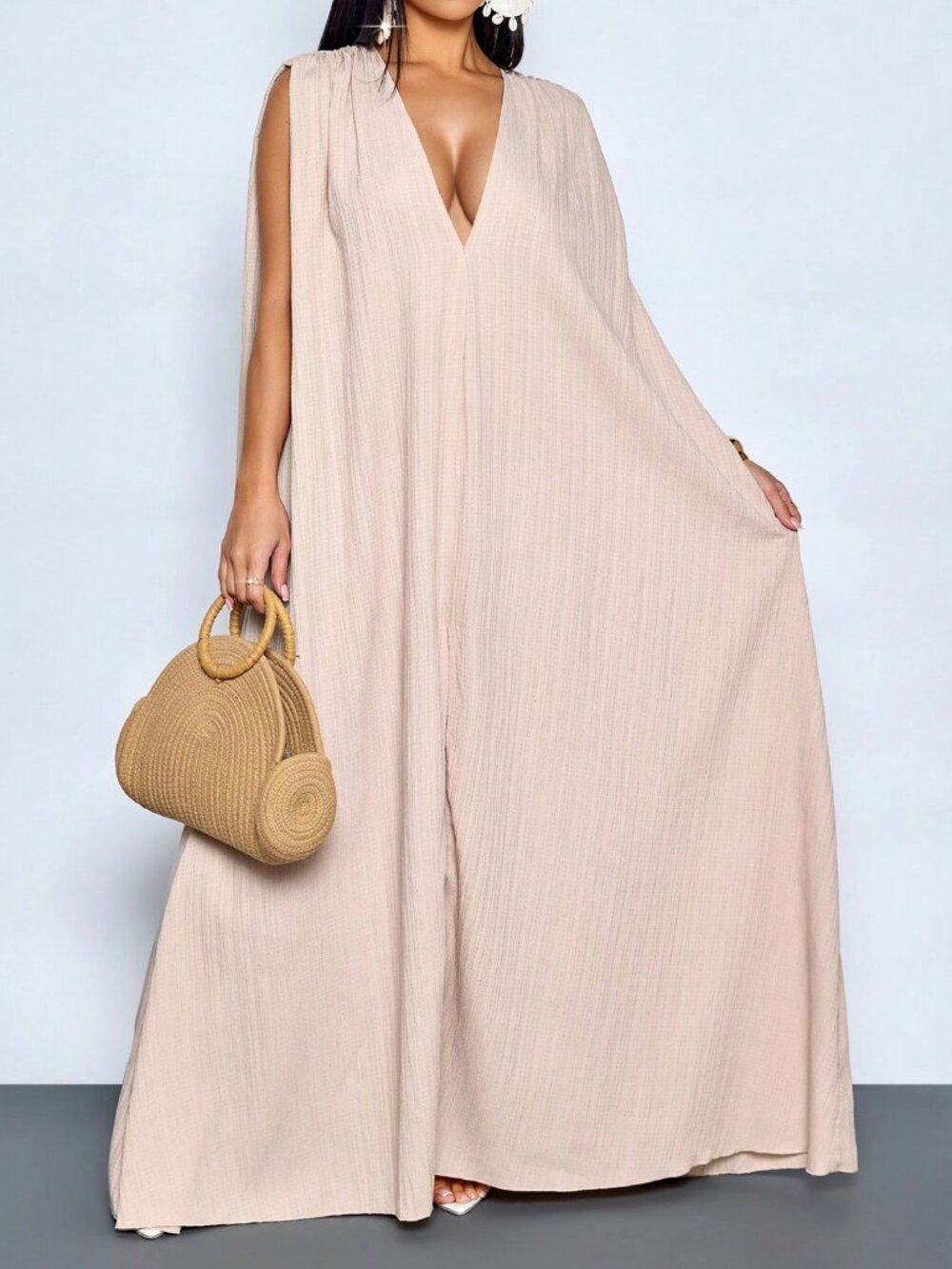 Khaki Boho Casual Women's Tropical Deep V Neck Backless Maxi Dress - Picture 6 of 8